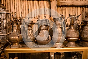 Dubai, UAE, 07 November 2021: Arab market in Al Seef with crockery, lamps and lanterns in the old style