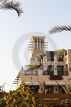 Dubai, UAE - 09.05.2021 - Traditional Arabic cooling wind tower at Madinat Jumeirah. Hospitality