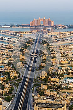 Dubai, UAE - 09.24.2021 Partial view of man made island, Palm Jumeirah and Atlantis hotel. Urban