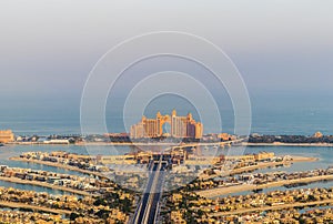 Dubai, UAE - 09.24.2021 Partial view of man made island, Palm Jumeirah and Atlantis hotel. Urban