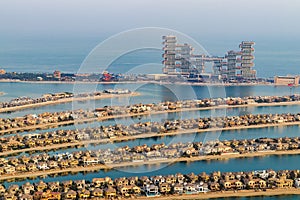 Dubai, UAE - 09.24.2021 Partial view of man made island, Palm Jumeirah and Royal Atlantis hotel. Urban