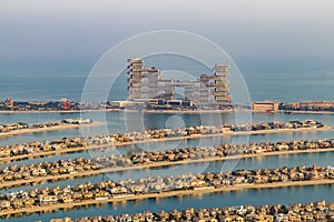 Dubai, UAE - 09.24.2021 Partial view of man made island, Palm Jumeirah and Royal Atlantis hotel. Urban