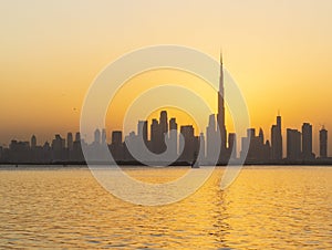 Dubai, UAE - 10.07.2022 View of Dubai skyline, shot made from Dubai creek harbor. City