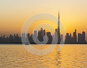 Dubai, UAE - 10.07.2022 View of Dubai skyline, shot made from Dubai creek harbor. City