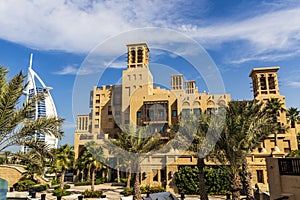 Dubai, UAE - 12.01.2022 - View of a Burj Al Arab, world\'s only 7 star hotel and Souq Madinat, 5 star hotel. Travel