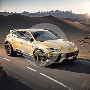 Dubai, UAE - 12-03-20: lamborghini urus super car in the dubai desert yellow car, hyper car made with Generative AI