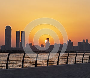 Dubai, UAE - 12.03.2021 View of Dubai skyline, shot made from Jadaf walk.City