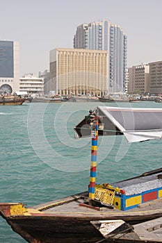 Dubai UAE An abra docked in Bur Dubai on Dubai Creek Deira.