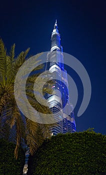 Dubai, UAE - 03/31/2020 : Burj Khalifa at night: in Downtown skyline, United Arab Emirates.