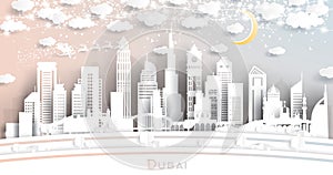 Dubai UAE City Skyline in Paper Cut Style with Snowflakes, Moon and Neon Garland