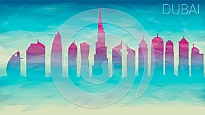 Dubai UAE City Skyline Vector Silhouette. Broken Glass Abstract Geometric Dynamic Textured. Banner Background. Colorful Shape Comp