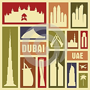 Dubai UAE city vector icon symbol silhouette set