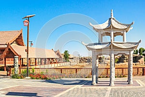 Building of the pagoda in the Asian location of Dubai Safari Park