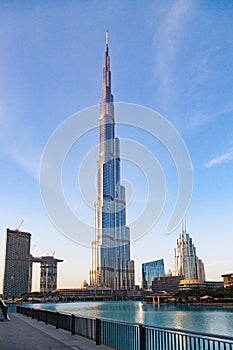 DUBAI, UAE - FEBRUARY 2018: Burj Khalifa, world& x27;s tallest tower at night, Downtown Burj Dubai