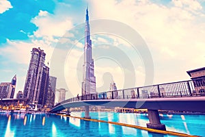 Dubai, UAE - February 7, 2021: beautiful dramatic breathtaking view of the Burj Khalifa and Dubai Mall on a