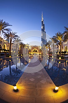 DUBAI, UAE - FEBRUARY 24 - Evening view of downtown Dubai with Burj Khalifa in the background, the tallest building in the world,