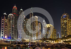 DUBAI, UAE-JANUARY 16: Skyscrapers in the Dubai Marina on January 16, 2014 in Dubai, UAE. Modern skyscrapers in the in the Dubai