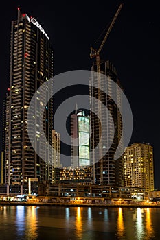 DUBAI, UAE-JANUARY 16: Skyscrapers in the Dubai Marina on January 16, 2014 in Dubai, UAE. Modern skyscrapers in the in the Dubai