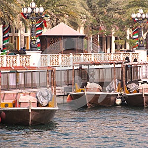 Dubai, UAE, january 29, 2018: Traditional abras are awaiting passengers on Dubai Creek, Bur Dubai.