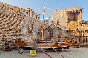 DUBAI, UAE - JANUARY 18, 2018: Exhibit of a traditional Sambuk boat in the Dubai Museum in the Al Fahidi Fort in Dubai
