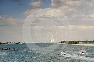 Two luxury hotels Burj Al Arab and Jumeirah Beach Hotel in Dubai. Back side of hotels, view from Palm