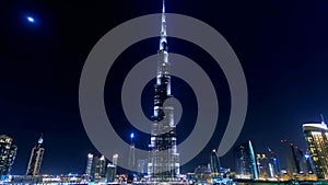 DUBAI, UAE.- June 29, 2018: View of Burj Khalifa with night illumination. Stock. Burj Khalifa - tallest building in the