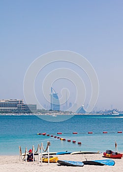 Dubai, UAE, March 2018, Burj al-Arab in the daytime against the background of the sea and blue sky