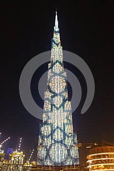 DUBAI, UAE - May, 2019: Night view Burj Khalifa. Ramadan Kareem greeting. Tallest building in the world. Dubai, 2019.