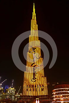 DUBAI, UAE - May, 2019: Night view Burj Khalifa. Ramadan Kareem greeting. Tallest building in the world. Dubai, 2019.