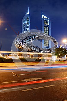The construction of Museum of the Future in night illumination