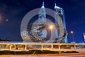 The construction of Museum of the Future in night illumination