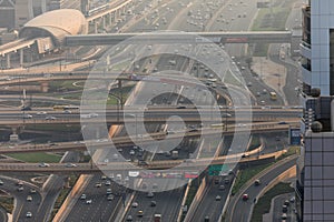 Dubai, UAE - October, 2018. Dubai roads, junction, intersection. Dubai car traffic, busy roads. Dubai Downtown. United Arab