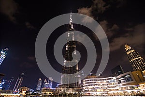 DUBAI, UAE - October, 2018: A record-setting fountain system set on Burj Khalifa Lake, it shoots water 150 m into the air in Dubai