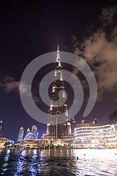 DUBAI, UAE - October, 2018: A record-setting fountain system set on Burj Khalifa Lake, it shoots water 150 m into the air in Dubai