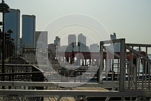 Dubai, UAE - October 2019: view of Dubai Creek from the Deira area from Al Sabkha Ferry Terminal.