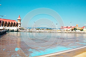 Dubai, UAE, panorama Ice Land aqua park along the beach of the Persian Gulf