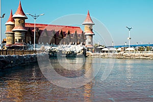 Dubai, UAE, panorama Ice Land aqua park along the beach of the Persian Gulf