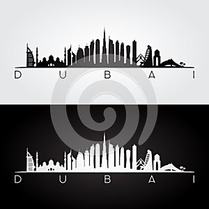 Dubai UAE skyline and landmarks silhouette.