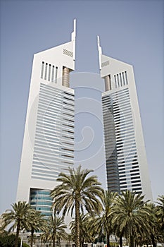 Dubai UAE View of Emirates Towers on Sheikh Zayed Road in Dubai