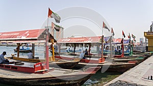 Dubai, United Arab Emirates. The abras are traditional boats made of wood. Abras are used to ferry people across the Dubai Creek