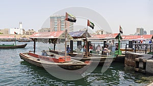 Dubai, United Arab Emirates. The abras are traditional boats made of wood. Abras are used to ferry people across the Dubai Creek