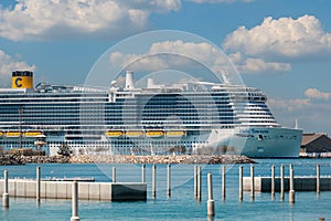 Dubai, United Arab Emirates - April 4, 2023: Modern luxury cruise ship Costa Toscana. Big cruise ship Cruise Line Costa