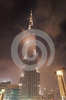 Dubai, United Arab Emirates - December 24, 2017: illuminated Burj Khalifa Tower skyscraper building