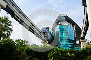 Dubai, United Arab Emirates - February 24, 2018: Train stooped in the Atlantis Monorail train station on Palm island in in Dubai