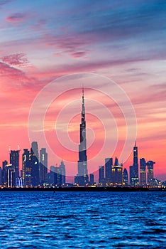 Dubai, United Arab Emirates - January 10, 2019: Beautiful sunset over Dubai panorama landmark view from the creek harbor