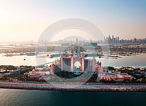 Dubai, United Arab Emirates - June 5, 2019: Atlantis hotel and the Palm island in Dubai aerial view