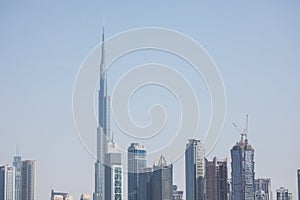 DUBAI, UNITED ARAB EMIRATES - OCTOBER, 2018: Downtown with Burj Khalifa and other towers paniramic view from the top in Dubai,