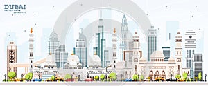 Dubai United Arab Emirates UAE City Skyline with Color Buildings and Blue Sky. Pixel Art