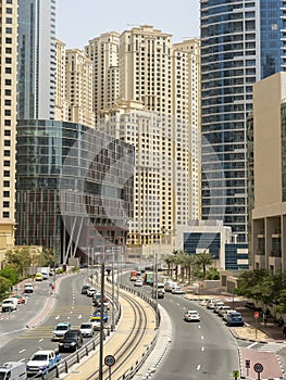 Dubai, United Arab Emirates. View of modern skyscrapers and buildings at Dubai Marina. Iconic destination. Luxury skyscrapers