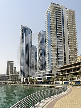 Dubai, United Arab Emirates. View of modern skyscrapers and buildings at Dubai Marina. Iconic destination. Luxury skyscrapers